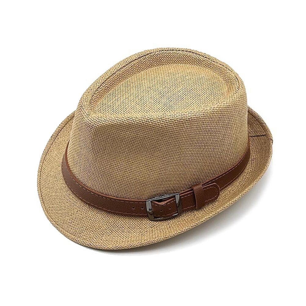 1621 Straw Fedora Hat Panama Hat Short Brim Summer Sun Hat-Khaki